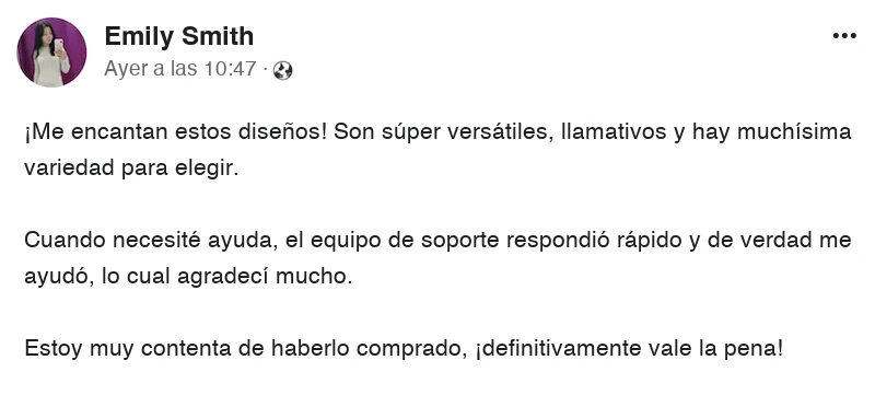 Comentario de una clienta en Facebook